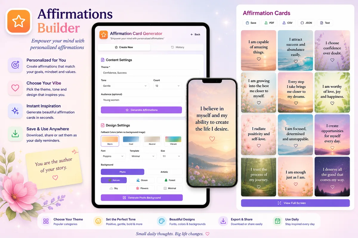 Affirmations Builder — empower your mind with personalised affirmation cards