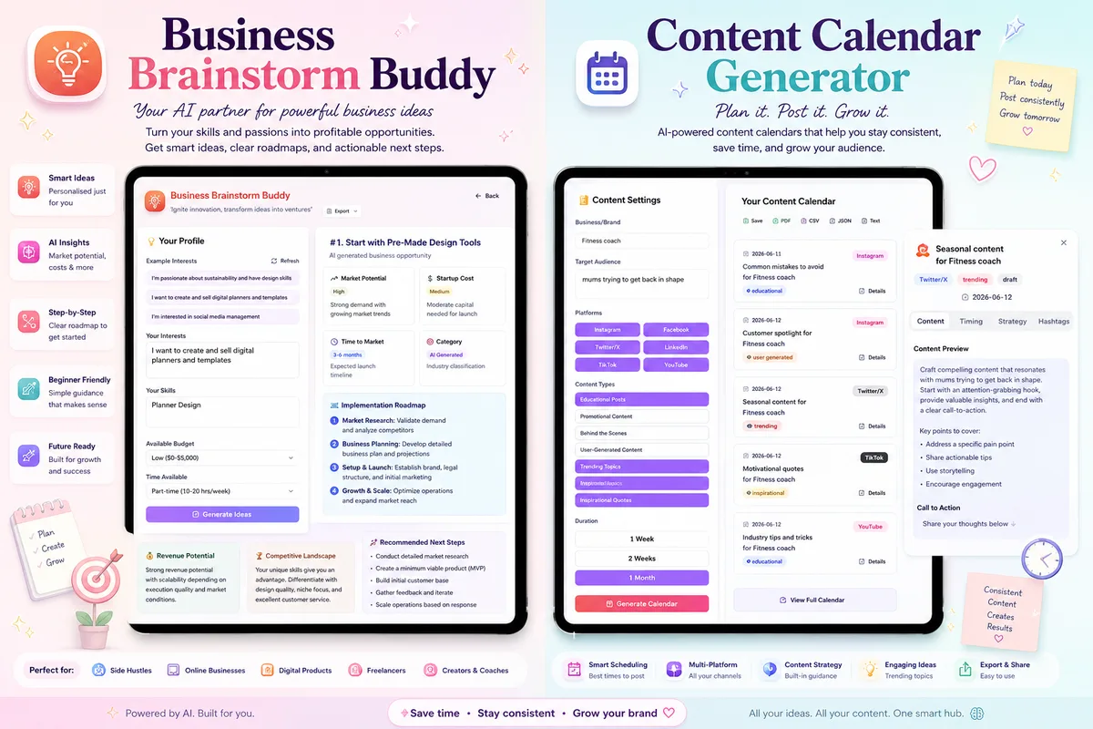 Business Brainstorm Buddy & Content Calendar Generator — turn ideas into roadmaps and plan content that grows your audience